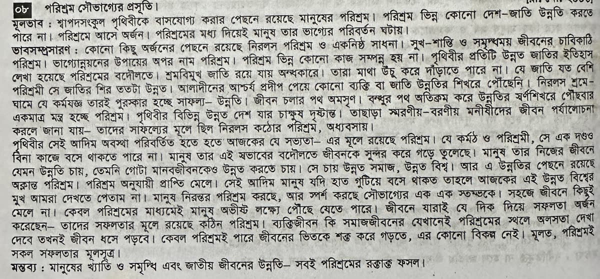 পরিশ্রম সৌভাগ্যের প্রসূতি ভাবসম্প্রসারণ